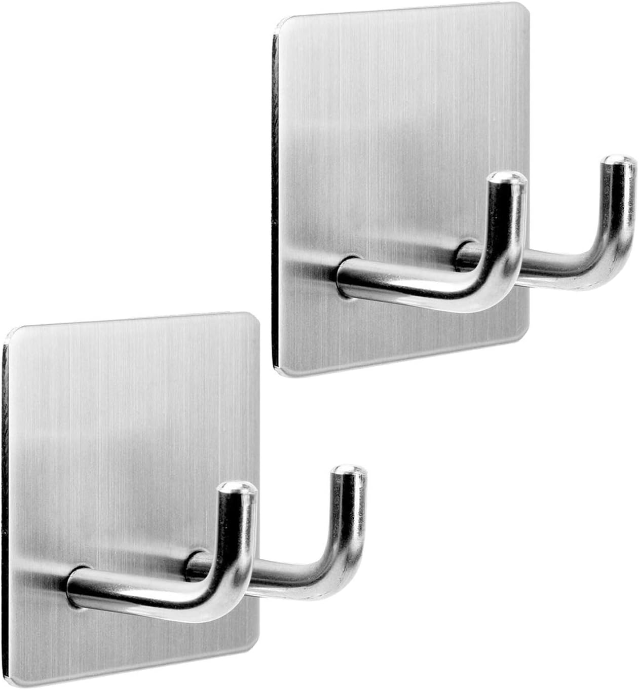 Adhesive Hooks Razor Holder Heavy Duty Wall Hooks Stainless Steel Waterproof Hangers For Kitchen Bedroom Bathroom,Stick on Hooks Antiskid Hooks Double Hanging Towel Robe Coat Key Brushed Nickel 2-Pack