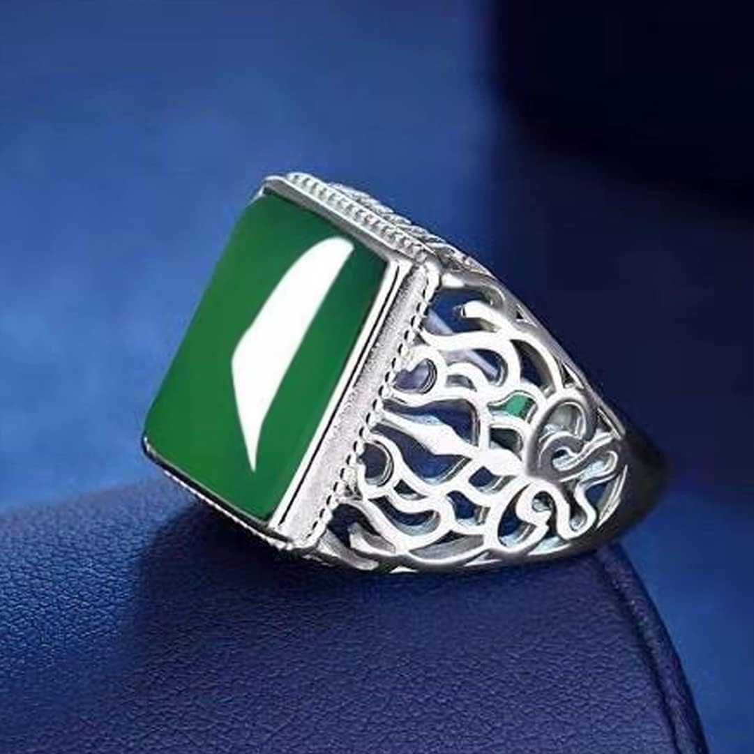 HAIXIAN Natural Agate Ring for Men, White Gold Plated Sterling Silver, Green Onyx Emerald Stone, Adjustable, Handmade Turkish Jewelry - Image 7