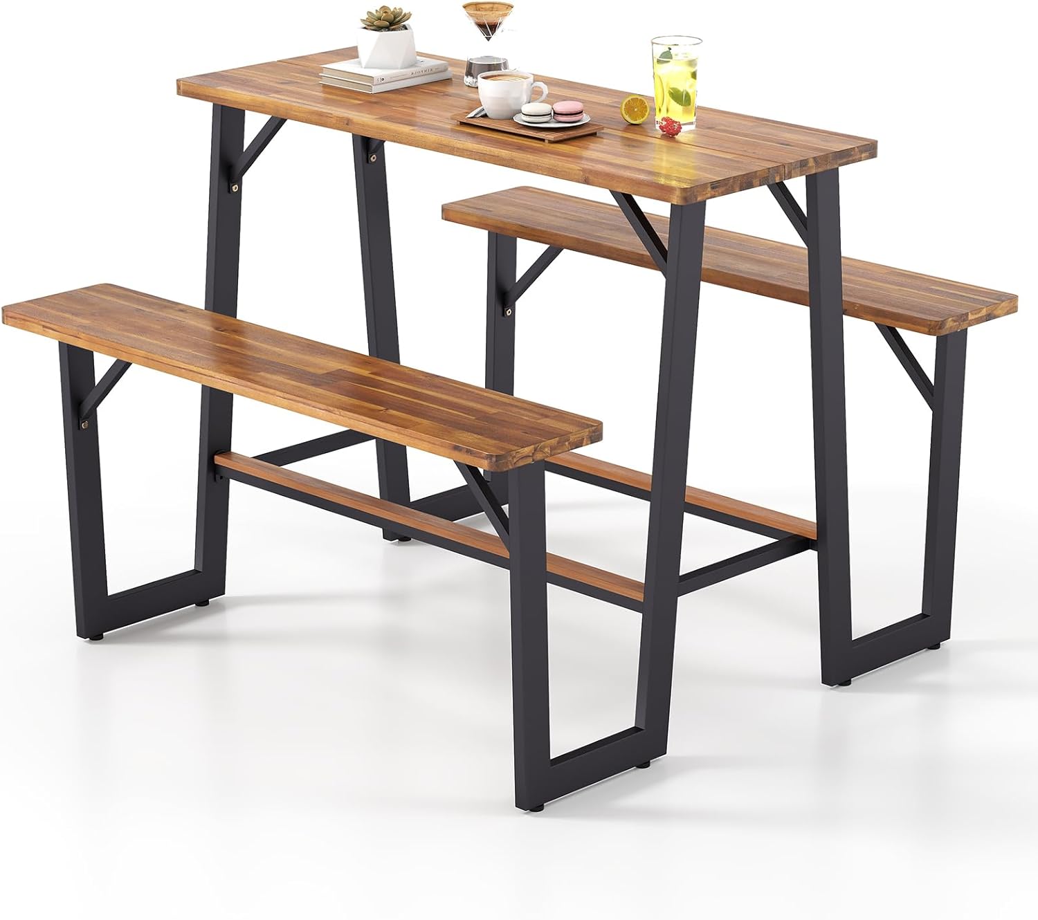 Giantex 4.5FT Picnic Table Bench Set for 4, Acacia Wood Outdoor Dining Table Set, 2" Umbrella Hole, Heavy Duty Metal Frame, Footrest Bar, Large Rectangular Tabletop for Porch Patio Lawn Garden