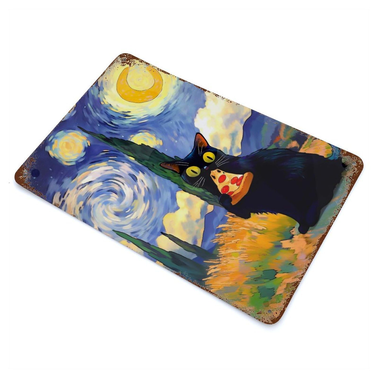 Rust Effect Black Cat Eating Pizza Starry Night Weathered Tin Sign 11.8"x7.9", Novelty Wall Decor for Office, Studio And Wall Decor