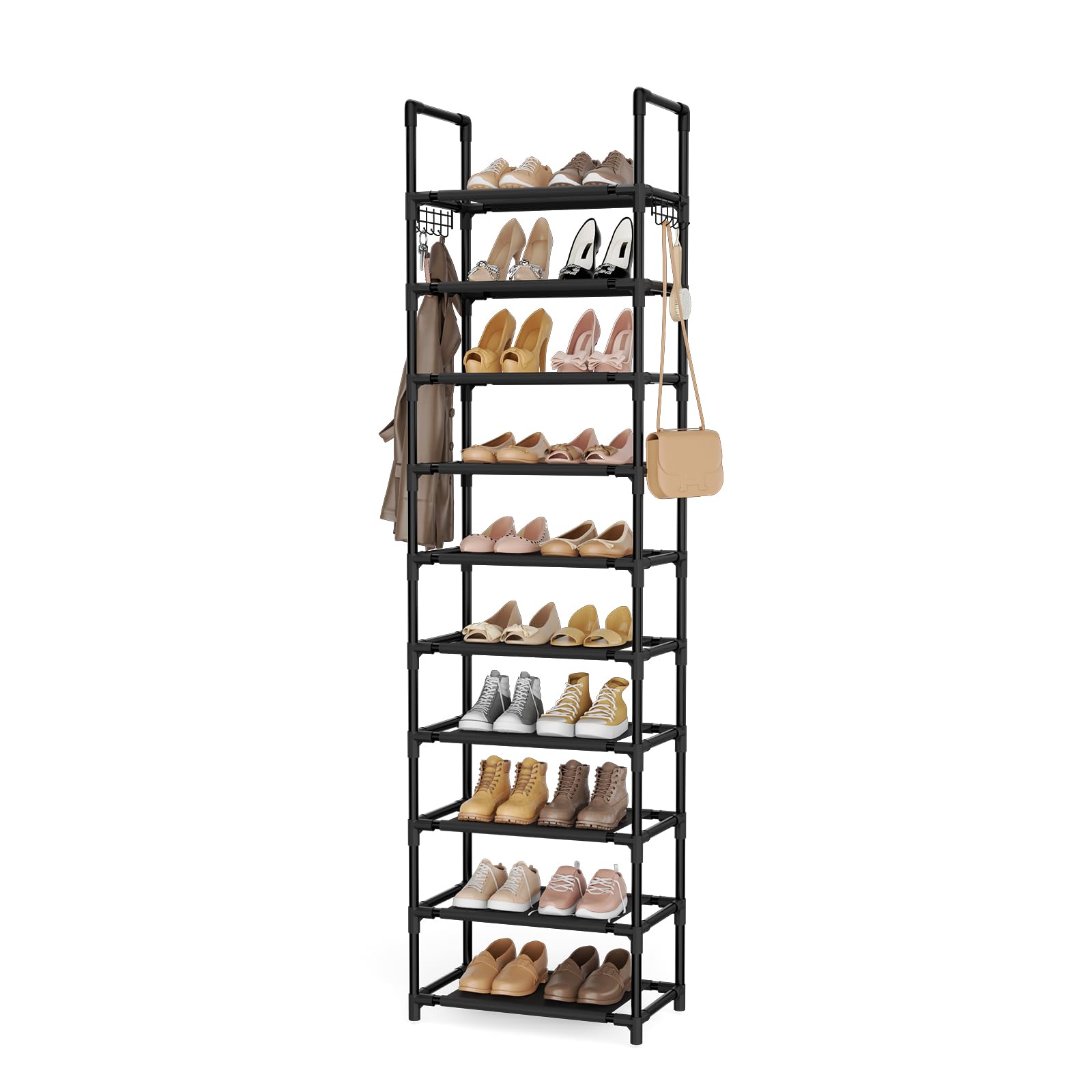 LANTEFUL 10 Tiers Shoe Rack 25 Pairs Large Capacity Tall Shoe Organizer Sturdy Shoe Storage with Two Hooks Space Saving Metal Narrow Shoe Rack for
