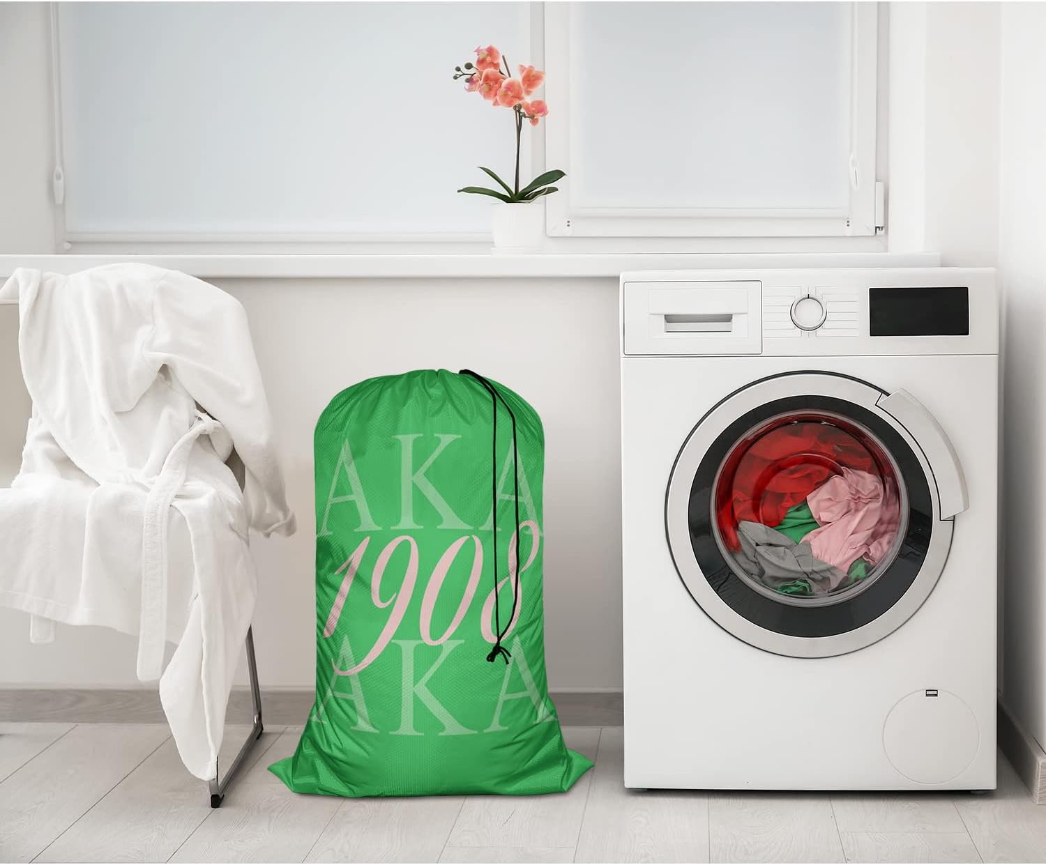 Swono AKA 1908 Washing Toy Storage Heavy Duty Basket Laundry Bag with Drawstring As Known As Abbreviation Cool Hip Hop Style Folding Organizer for Travel Oxford Cloth, Washing Machine, Green Pink image 5