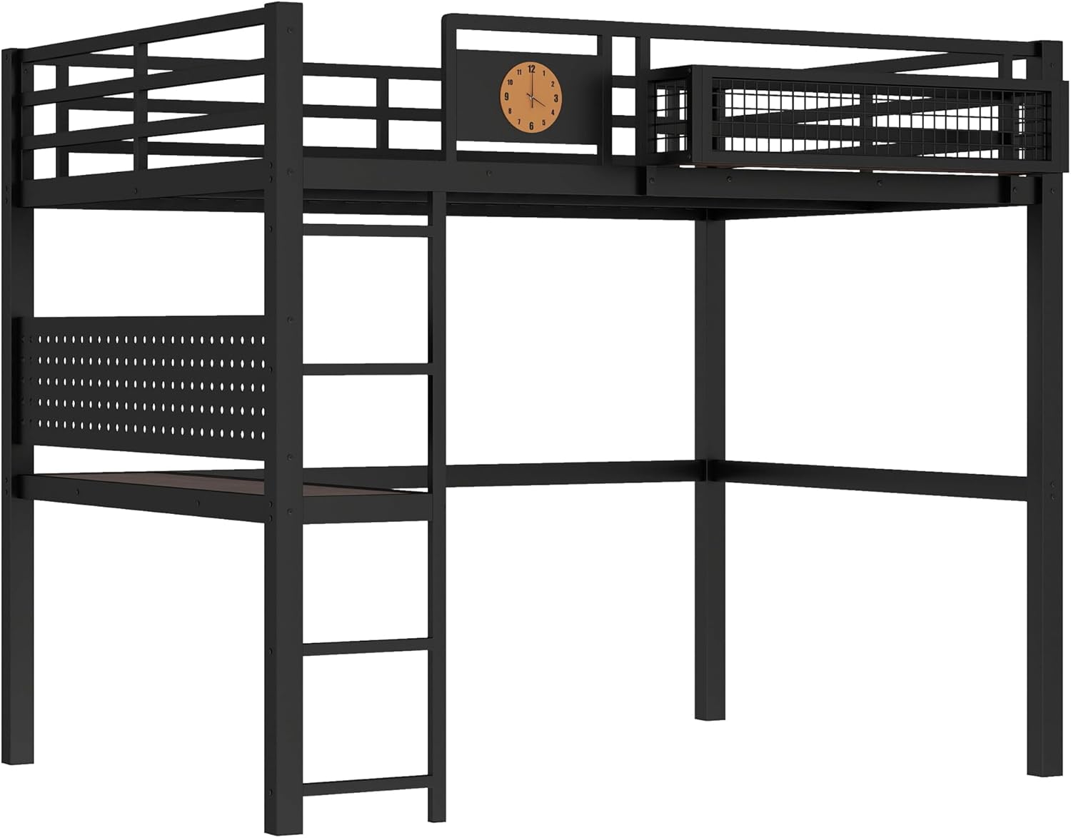 Twin XL Loft Beds with Desk, Storage Basket, Metal Loft Bed with Clock,and Charging Port, Heavy-Duty Loft Bed Frame for Teens, Black