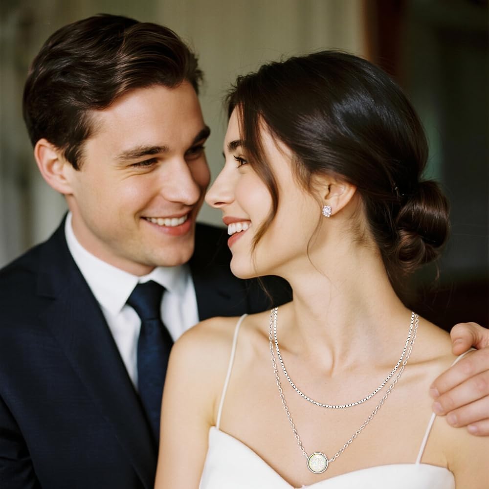 Opal Silver Layered Necklaces for Women White Opal Sterling Silver Layered Necklace Pendant Chain Jewelry Gifts - Image 5