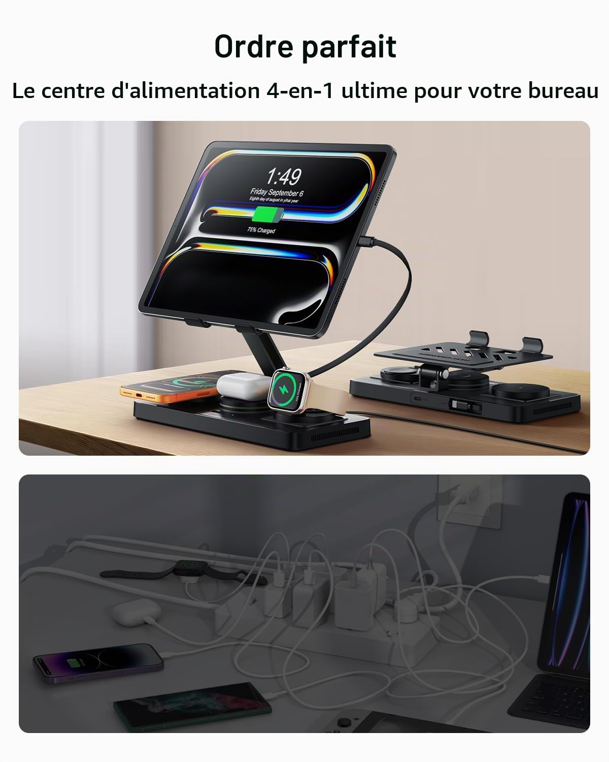 GEEKERA Station de Charge 4-en-1 pour Apple, Câble Escamotable pour iPad, Chargeur Magnétique sans Fil pour iPhone 12-17/Air/Pro, Station d’Accueil pour Apple Watch & AirPods, Noir