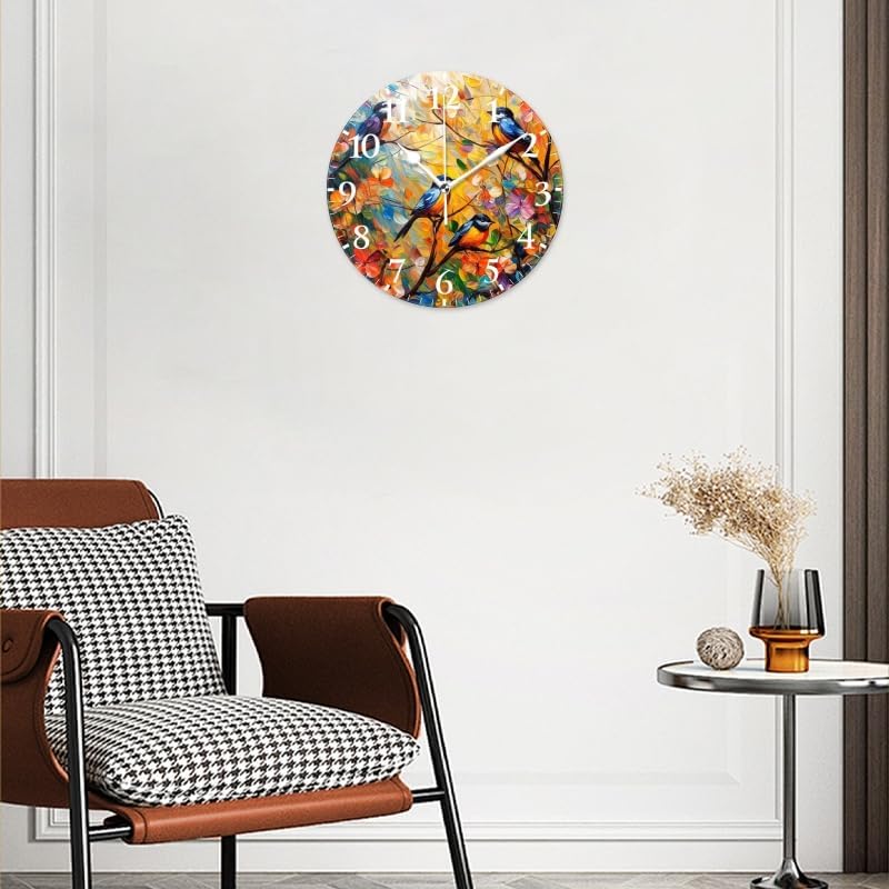 Battery Operated Round Wall Clock Non-Ticking Silent Analog Clcok Decorative for Living Room,Office,Kitchen-Birds with Textured Flowers(16inch)