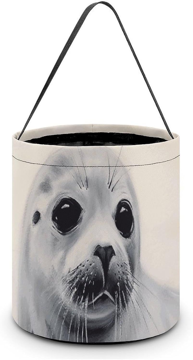Reusable Harp Seal Painting Halloween Candy Bucket with Handle