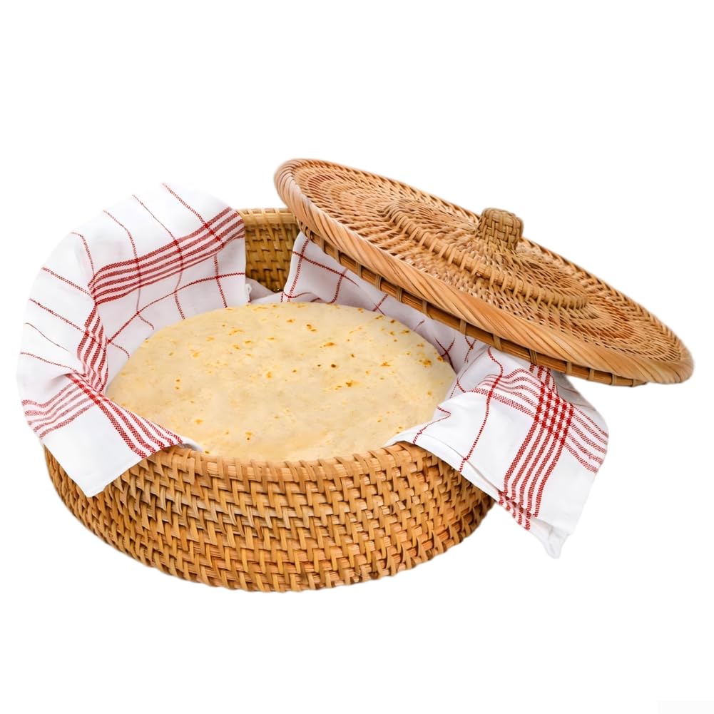 Cesta calentadora de tortilla de ratán natural, contenedor de almacenamiento hecho a mano de 10.2 pulgadas para tortillas de maíz, tacos y decoración de cocina