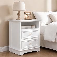 Brafab White Nightstand with Hidden Drawer, 25" Tall | White Bedside Table with 2 Drawers, Open Shelf, Farmhouse Wood Night Stand with Secret Compartment for Bedroom, Guest Room