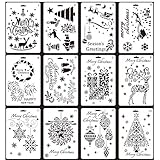 Christmas Painting Stencils,12 pcs Creative Christmas Trees/Reindeer Boots Angel/Snowflake Snowman Santa Claus Bullet Journal Stencil Set for Journali