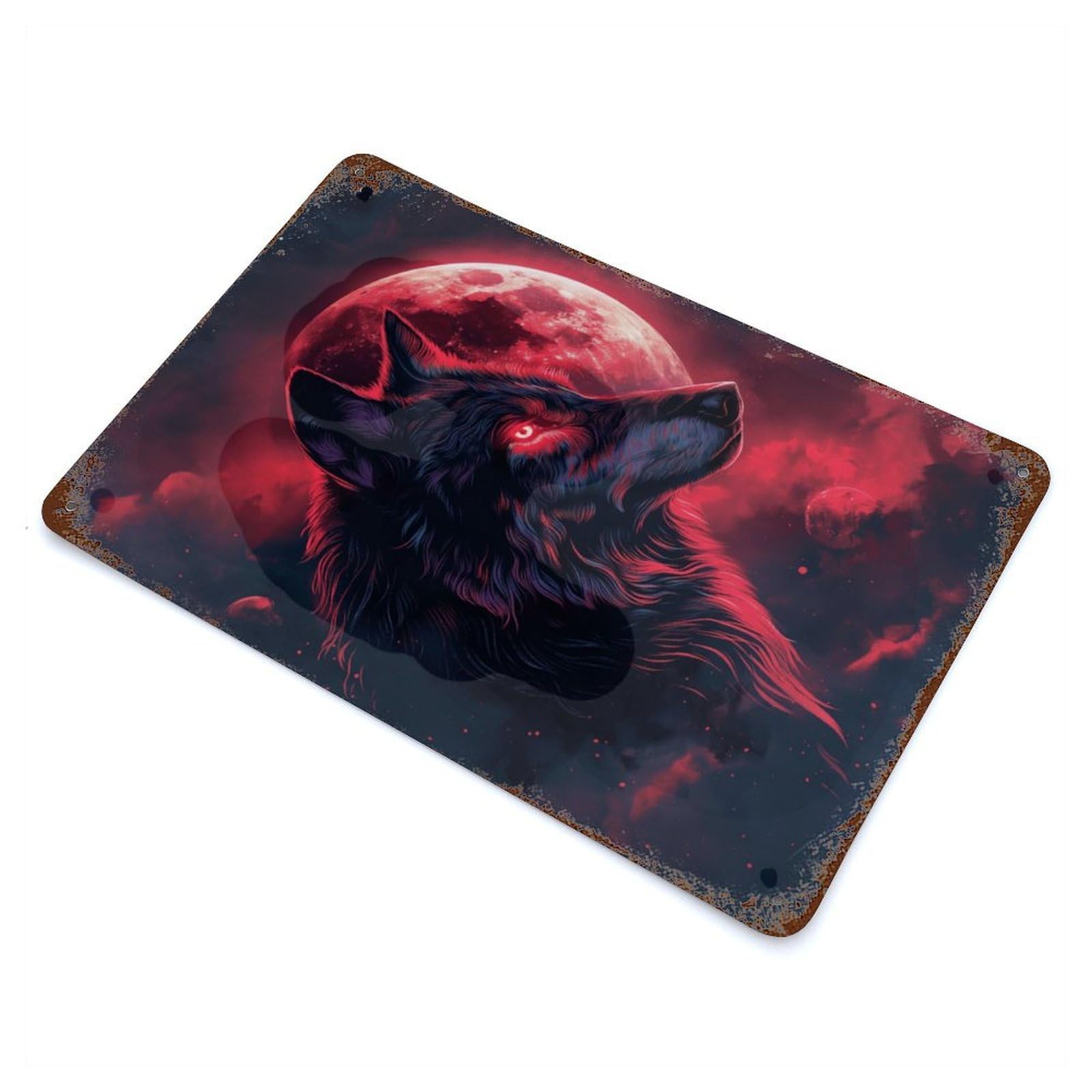 Wolf Moon Clouds Red Eyes Aged Metal Wall Plaque 11.8"x7.9", Farmhouse Wall Decor for Office, Studio And Wall Decor