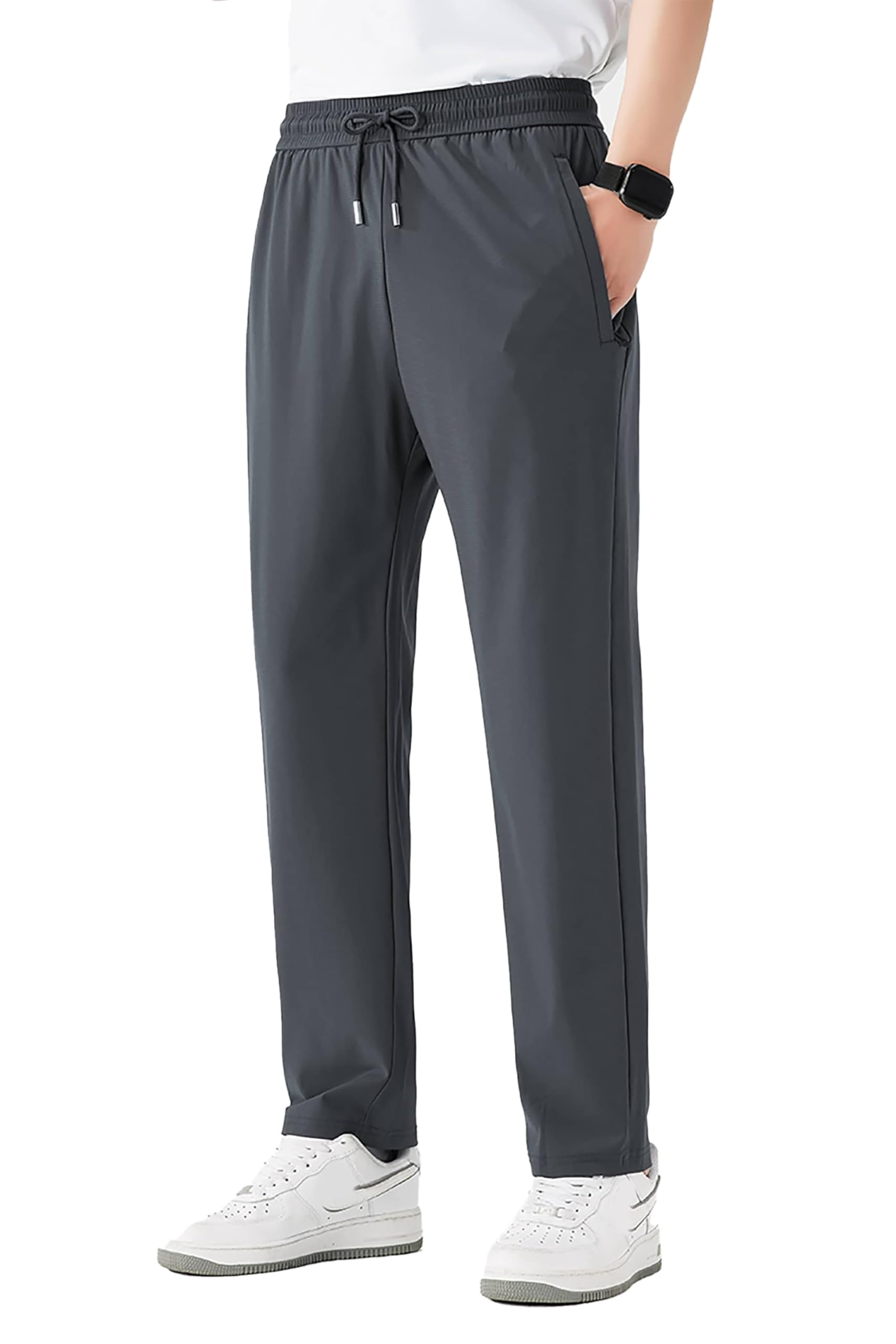 AbleTree Stretch Casual Pants for Short Men 27 Inch Inseam Texture Athletic Cool Touch Straight Fit Joggers Zip Pockets Dark Grey