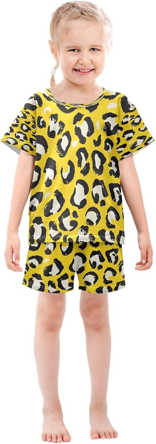 Kids Short Sets Yellow Leopard Print Girls Boys Summer Short Set Animal Skin Casual Short Sleeve T-Shirt Shorts Set
