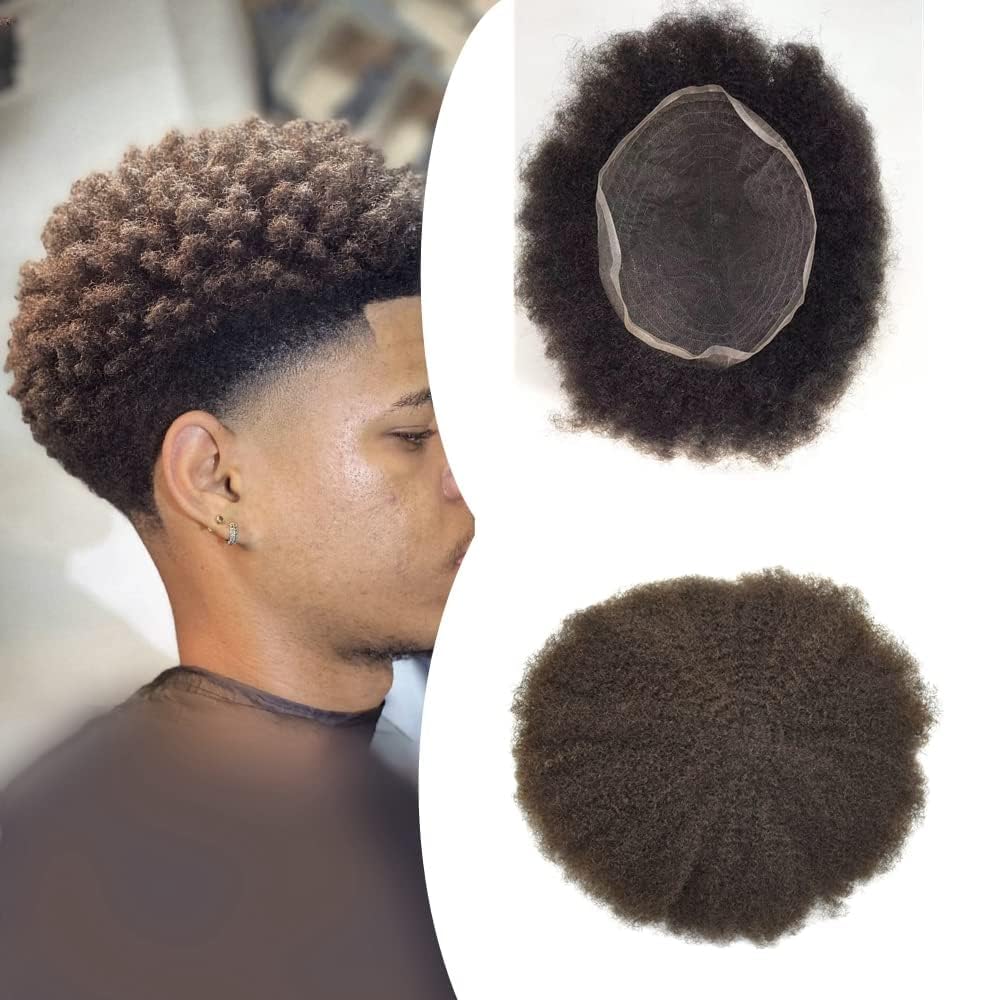 Afro Toupee for Black Men Coily Weave Full Lace Mens Toupee Curly Real Human Hair Replacement System African American Hair Unit Black Men (#1B Off Black-6mm afro curl, 8x10)