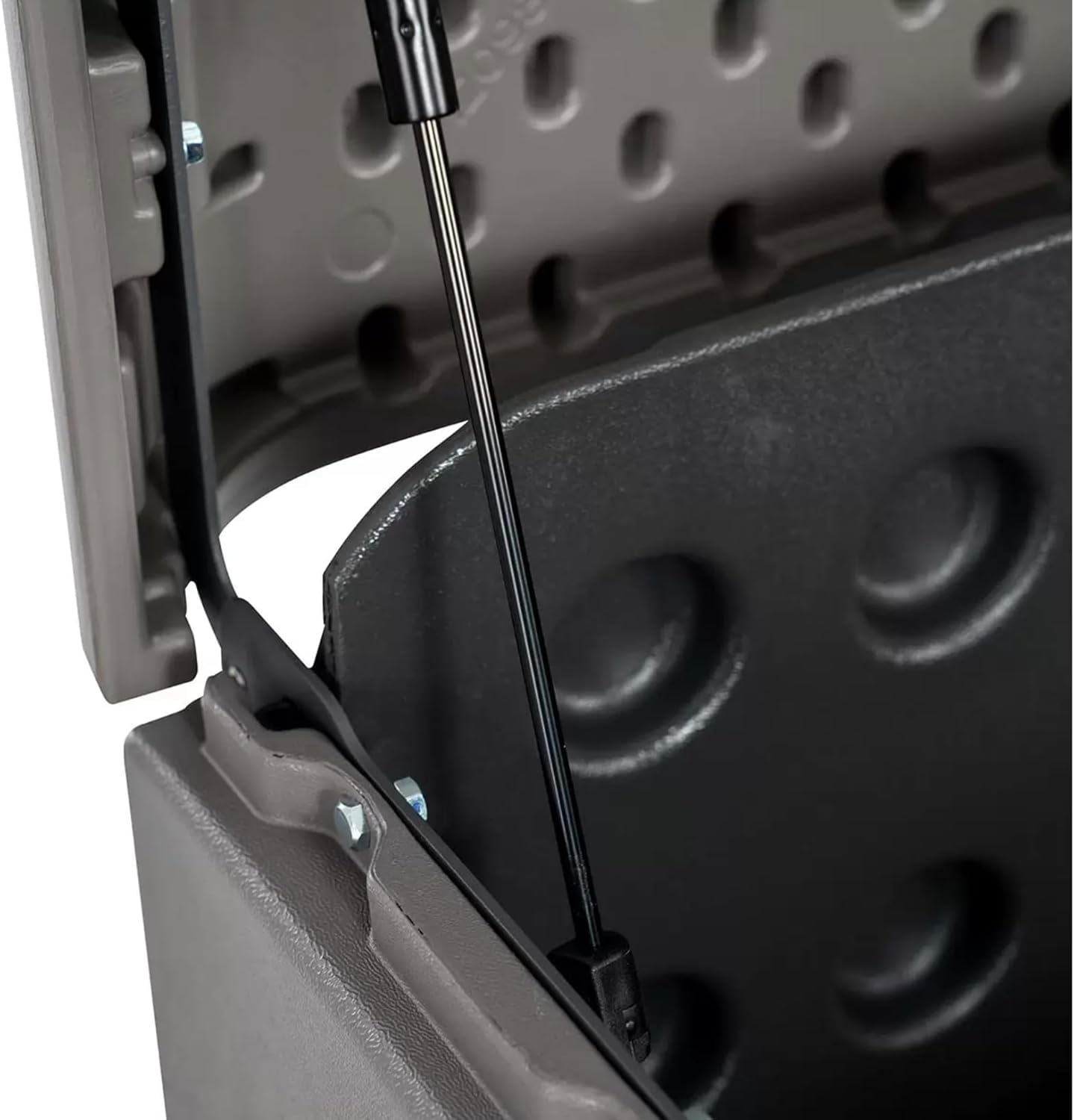 Close-up of storage box lid hinge mechanism