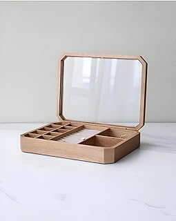 صندوق مجوهرات - صندوق انيق متعدد الاجزاء مع فتحات مقسمة وغطاء زجاجي شفاف لتخزين منظم وآمن للخواتم والاقراط والاكسسوارات