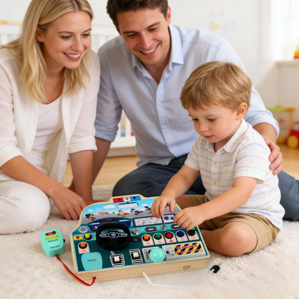 JAUNTY Montessori Sound Busy Board for Toddlers 1 2 3 Years Old, Wooden Police Car Sensory Toy with LED Light Switches, Recordable Walkie-Talkie, Travel Toys for 1+ Year Old Baby and Toddler