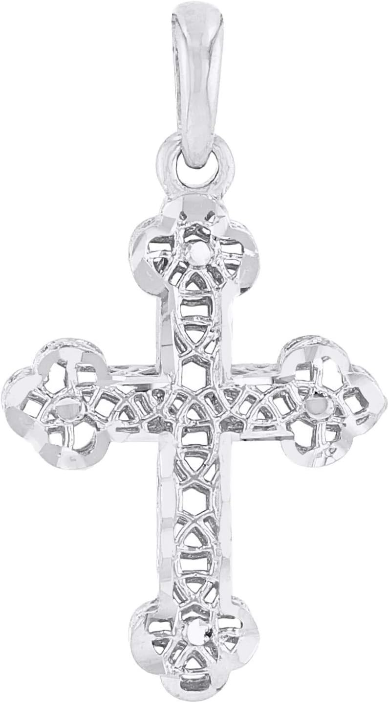14k White Gold Textured Filigree Christian Orthodox Cross Charm Pendant