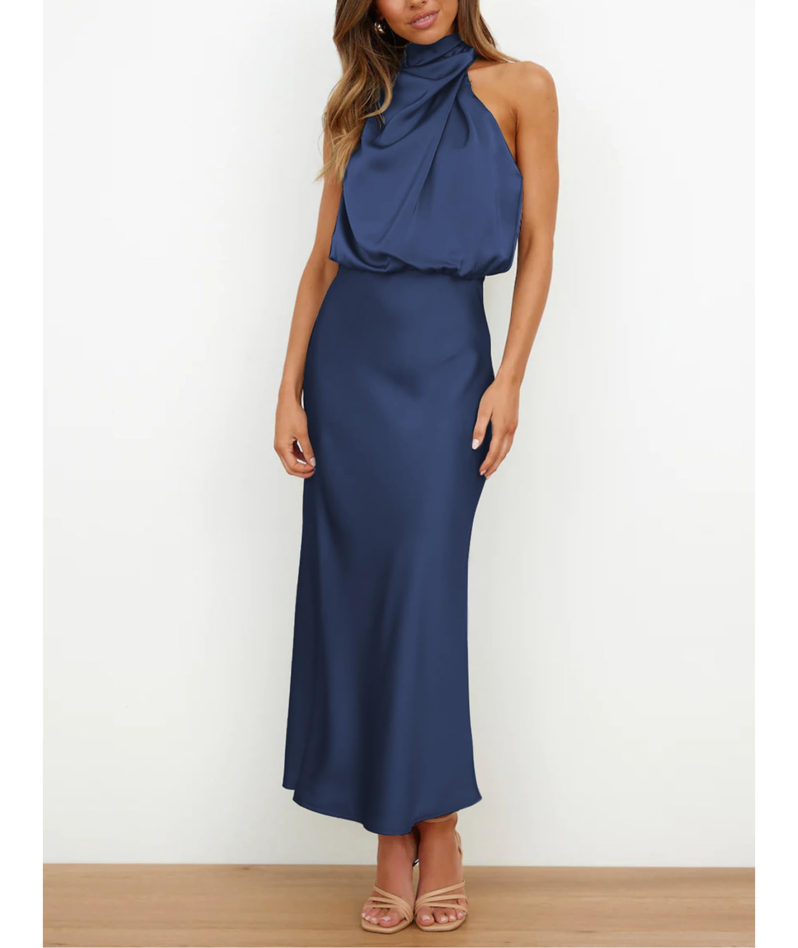 Vestido elegante de satén para mujer, sin mangas, cintura alta, para boda, formal, invitada de boda, cóctel, fiesta, vestido midi