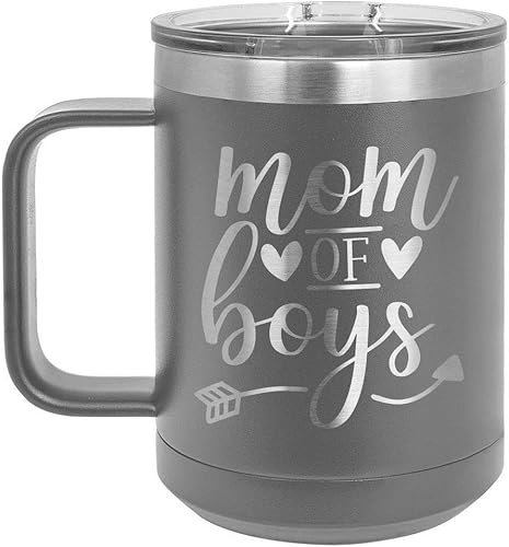 MOM OF BOYS Taza de café gris de 15 oz con tapa deslizante  Taza de café de viaje aislada  Ideas de regalos únicas de mujeres u hombres  Compare