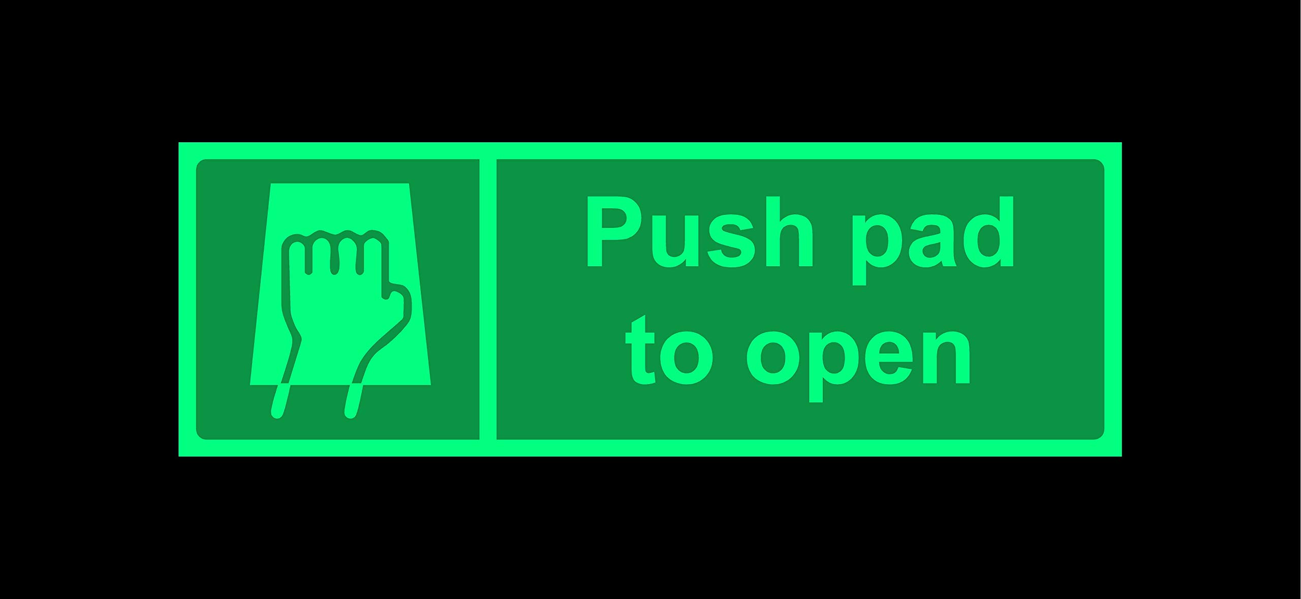 Push pad to open emergency Safety sign - 1.2mm Photoluminescent glow in the dark rigid plastic with self adhesive backing 300mm x 100mm