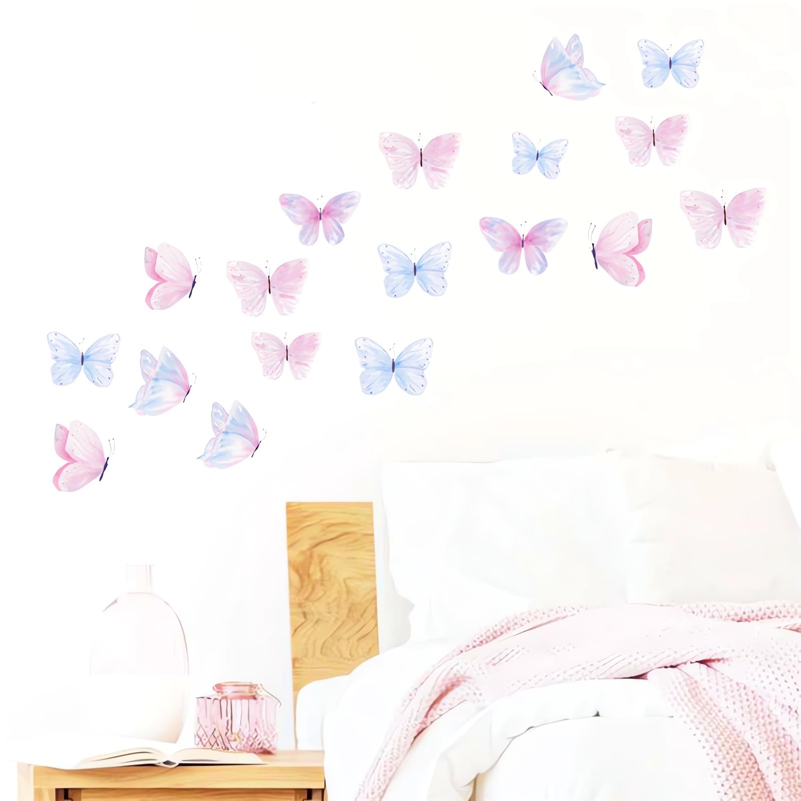 6 hojas de 36 calcomanías de pared de mariposa azul claro y rosa claro, calcomanías de pared de arte en acuarela, vinilo extraíble para niños, guardería, dormitorio, sala de juegos,