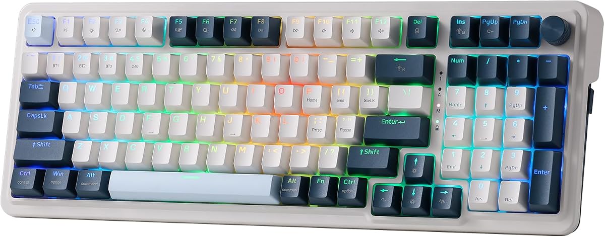 Teclado mecánico para juegos con junta RGB inalámbrico K686 PRO, perilla fácil | Rueda de control multifunción, modo triple de retardo 0, amortiguación de ruido acolchada de 5 capas para un sonido cremoso y espumoso, prácticas 98 teclas