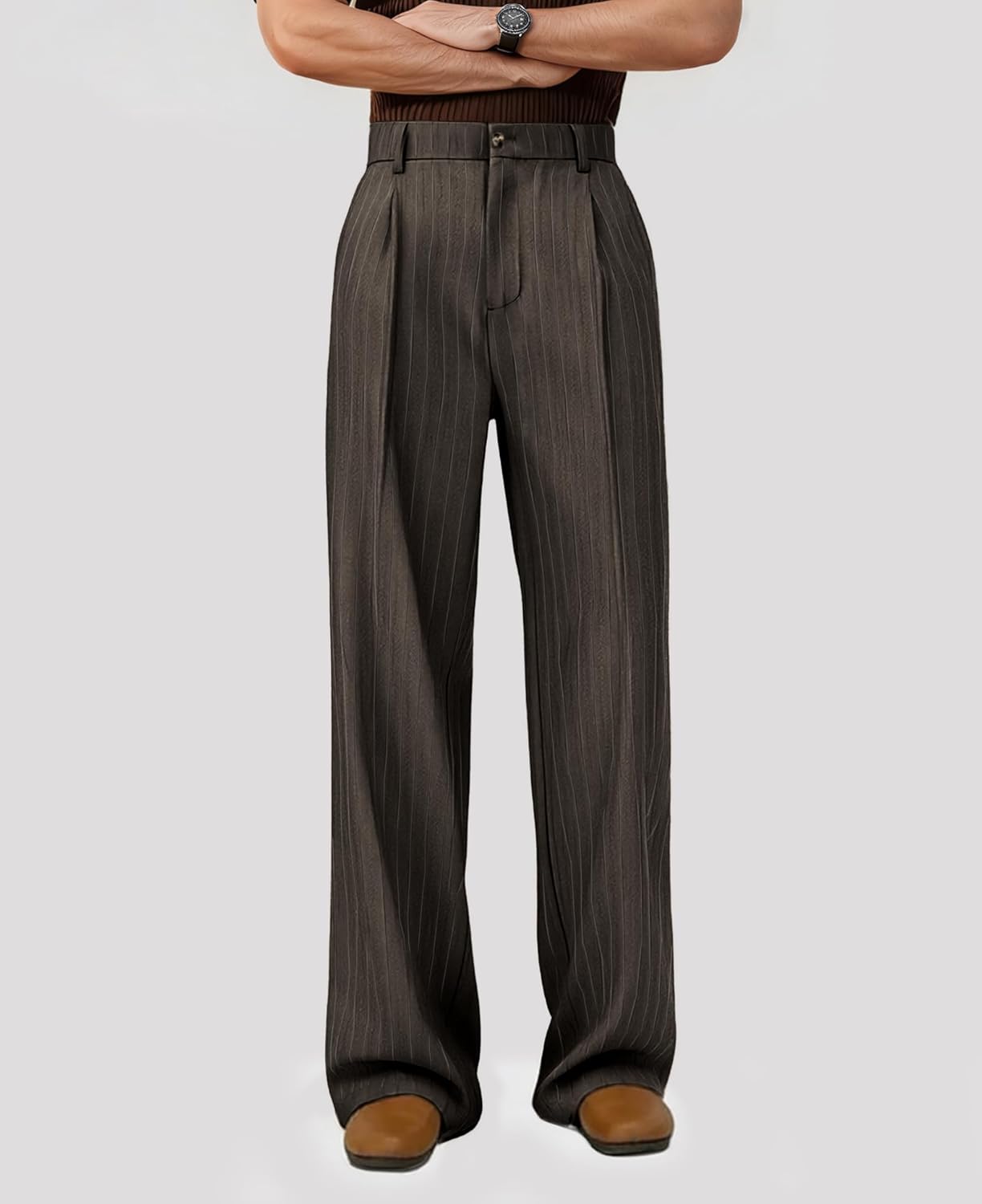 Susclude Mens Pinstripe Casual Dress Pants Old Money Wide Leg Baggy Pleated Slacks Elastic Wasist Loose Fit Work Trousers - Image 2