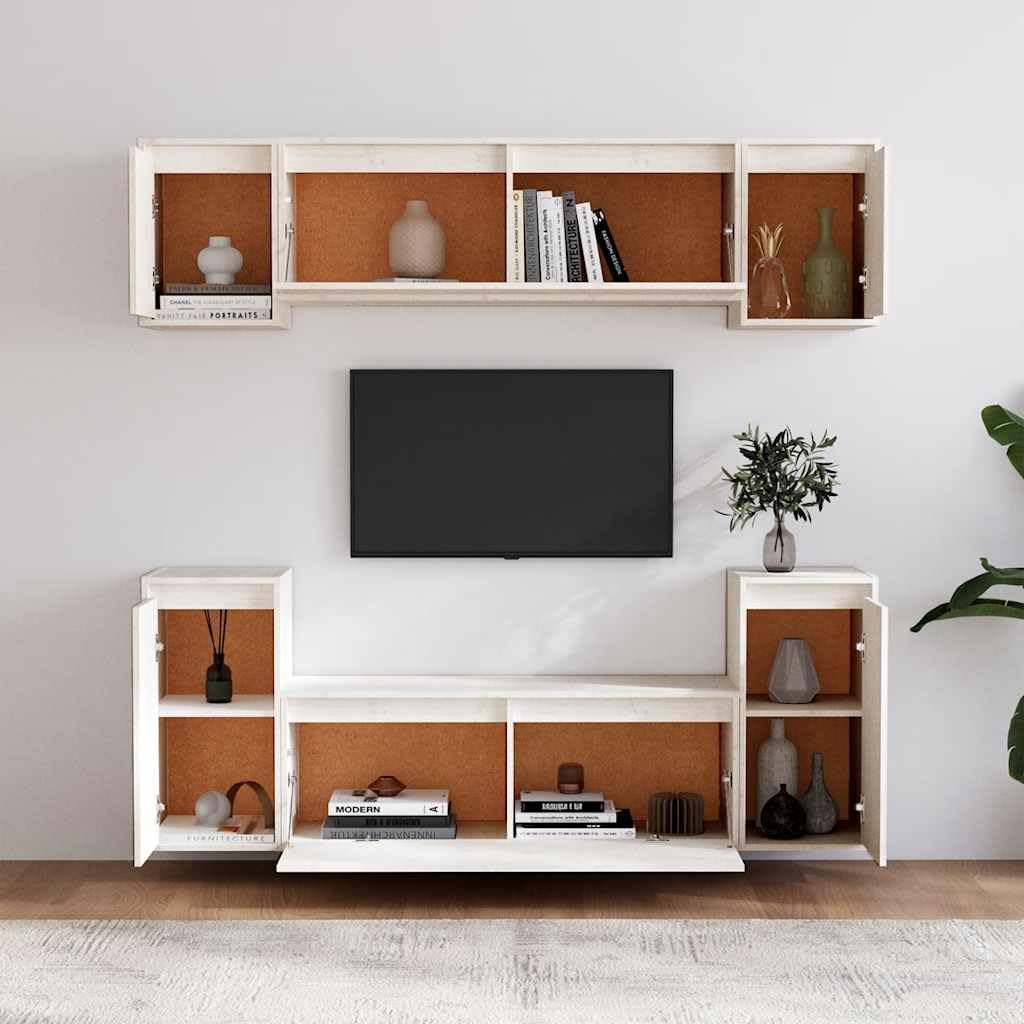 TV-Schränke 6er Set, Weiß Massivholz Kiefer, Modernes Wohnzimmer Media Center, vielseitige Aufbewahrung für Schlafzimmer und Sala