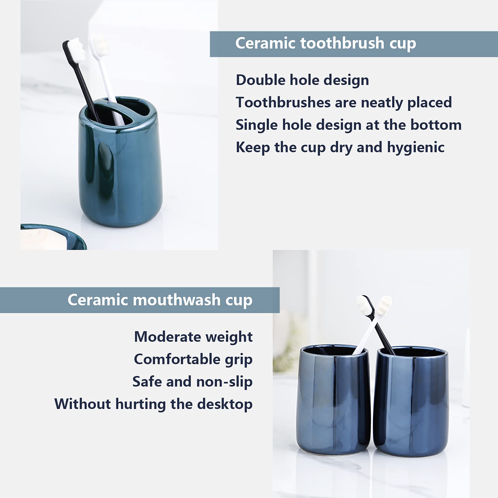 Juego De Accesorios De Baño Moderno De 5 Piezas Accesorios De Baño con Jabonera Dispensador De Jabón Vaso De Cepillo De Dientes Portacepillos De Dientes Cerámica Reflectante,Azul