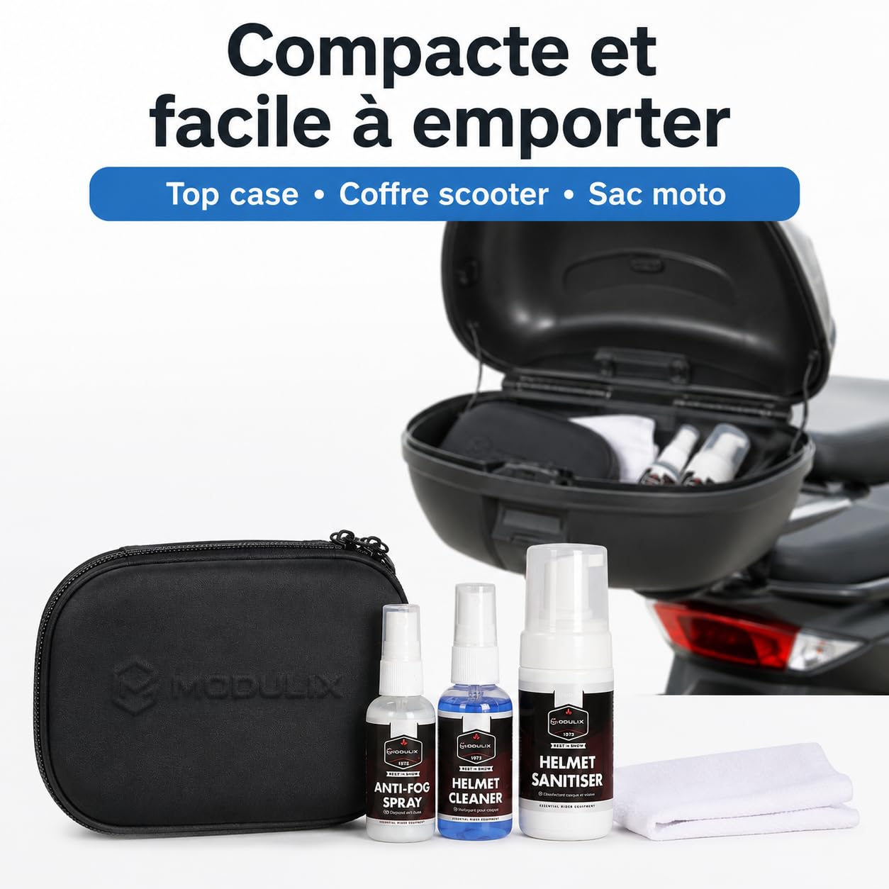 Kit Entretien Casque Moto et Scooter, 3 Sprays Nettoyant Intérieur, Nettoyant Visière et Anti-Buée, Désinfectant Casque 100 ml, Spray Visière 50 ml, Chiffon Microfibre et Trousse Compacte