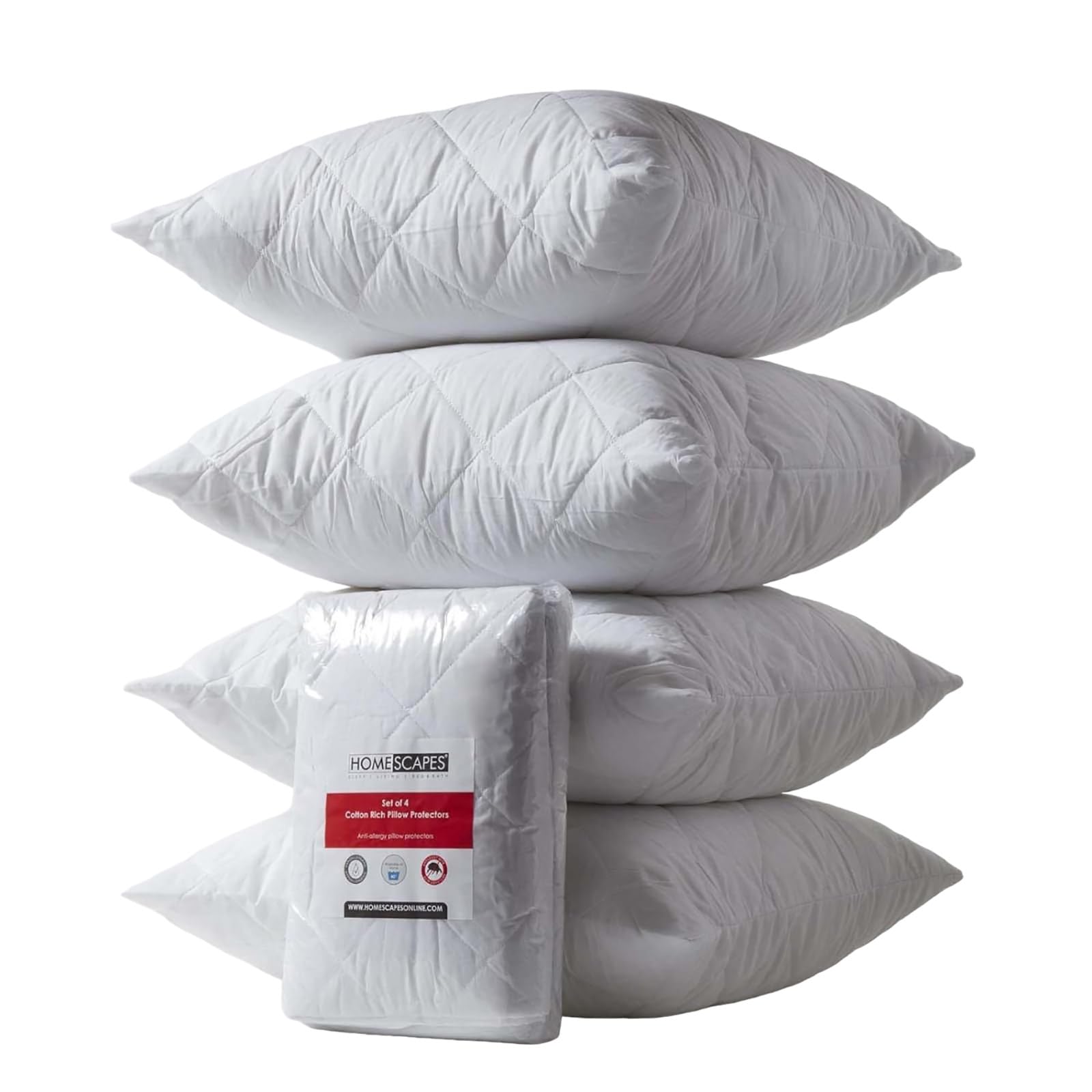 Homescapes White Cotton Rich Quilted Pillow Protectors 65 X 65 Cm, Pack Of 4 In