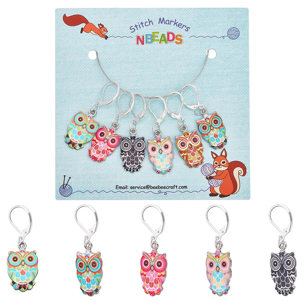 NBEADS 6 Pcs Owl Stitch Markers, 6 Colors Alloy Enamel Crochet Stitch Marker Charms Locking Stitch Marker for Knitting Weaving Sewing Accessories Quilting Handmade Jewelry