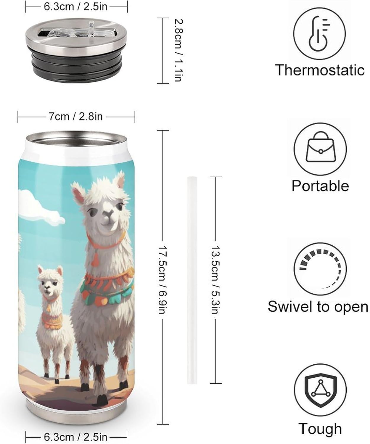 Stainless Steel Cups Cute Llama Printed Coke Cup Stainless Steel Insulated Cups with Lid And Straw