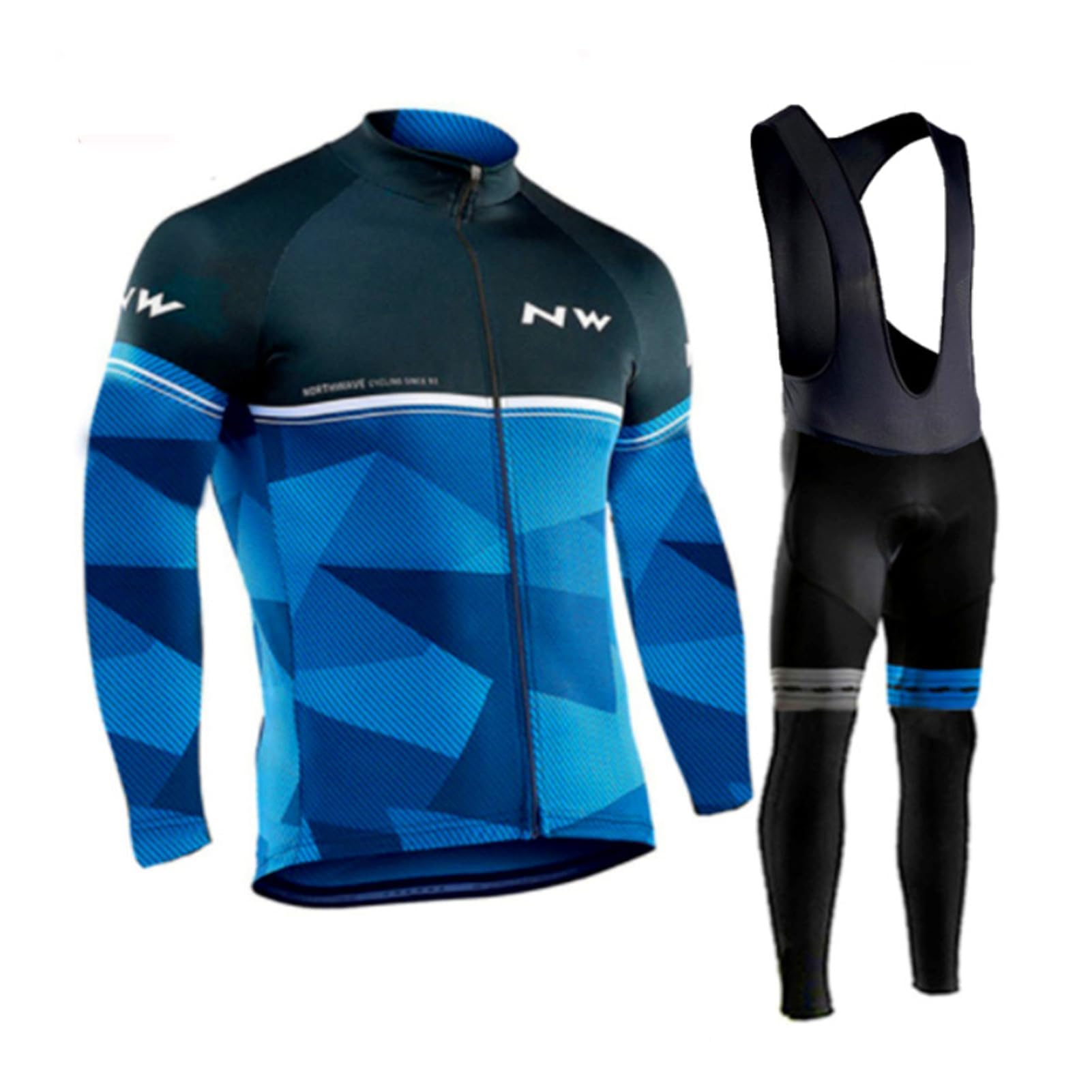 Ensemble de cyclisme d'hiver pour homme - Maillot de cyclisme à manches longues + pantalon de cyclisme d'hiver pour homme avec rembourrage 3D - Bleu - Taille 2XL, bleu, XXL