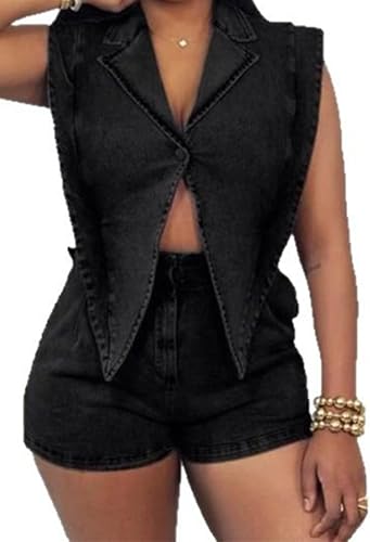 Quzzion Womens Summer Jean Romper Vintage Sleeveless Tops Lapel Button Sexy Deni