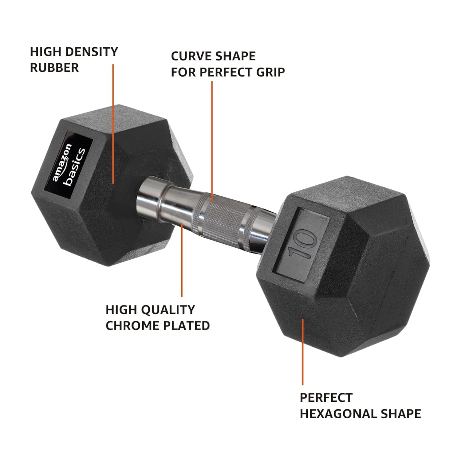 amazon basics Rubber Encased Hex Dumbbell Weight Set Of 1, 10 Kg, Black 1
