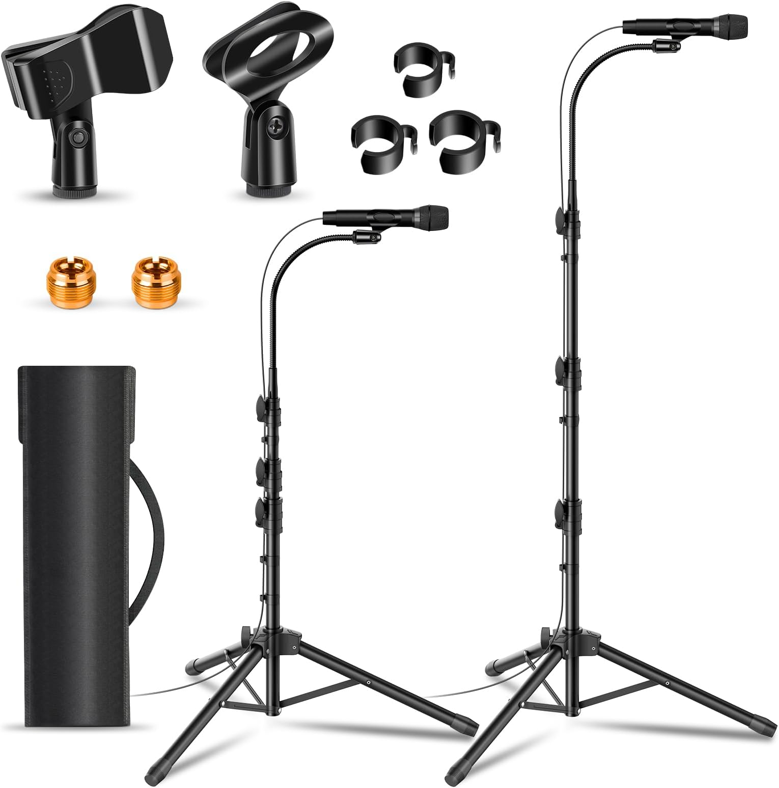2 Pack Mic Stand Gooseneck Microphone Boom Stand for Singing Height Adjustable from 24” to 67” with 2 Mic Clips for Adults and Kids Singing Lecture Stage
