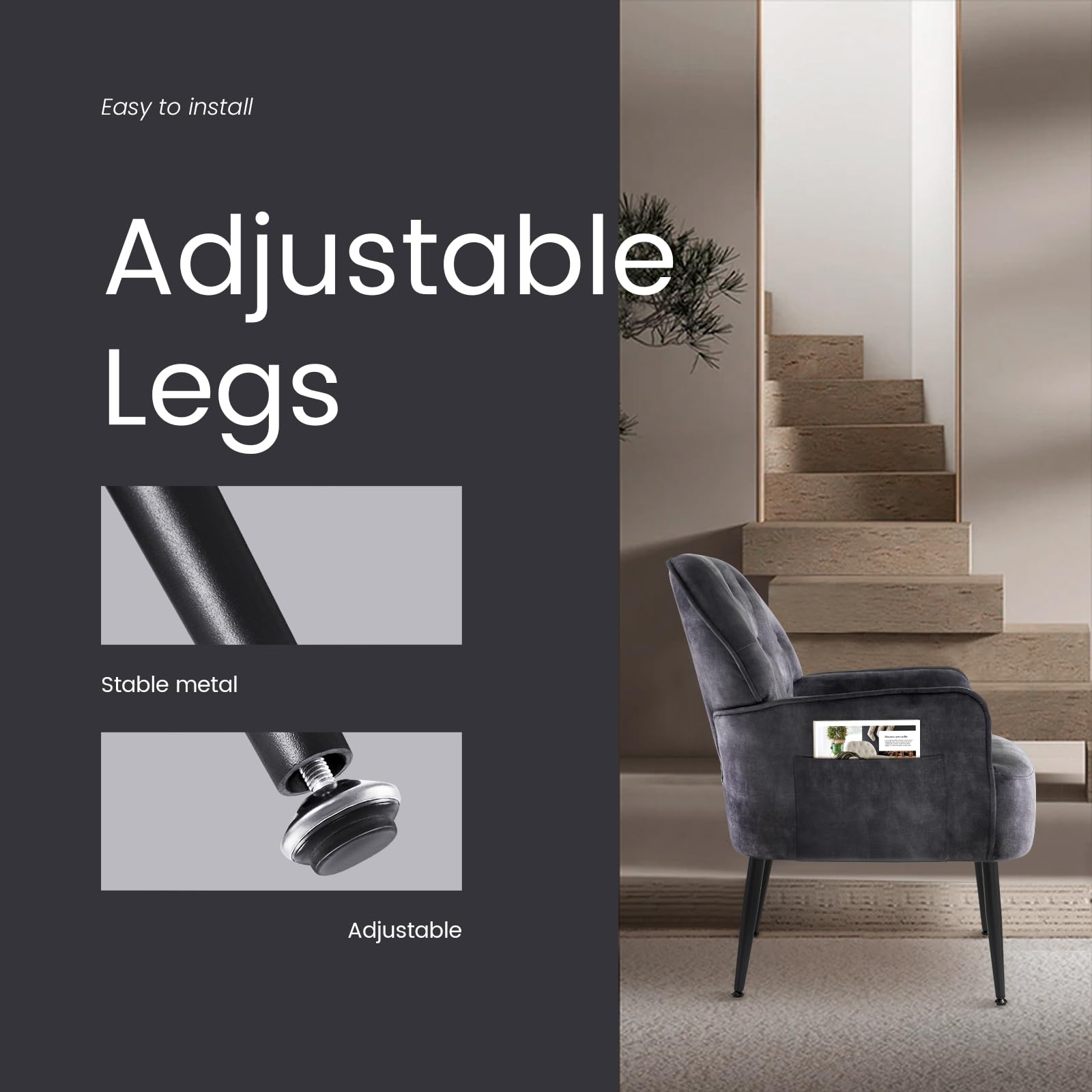 IWMH Sessel Wohnzimmer Schlafzimmer, Lazy Lounge Cocktailsessel Bequemer mit Armlehnen und Einer Seitentasche, Samt Modern dreh Polster Lesesessel mit Metallbeinen (Grau)