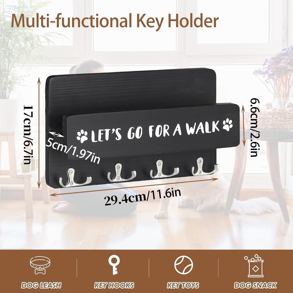 Wood Dog Leash Holder for Wall, Key Hangers with 4 Double Key Hooks, Dog Leash Hanger Wall Mounted for Entryway, Farmhouse Treats,30cm, Black