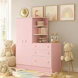 Guarda-roupa Infantil Prático: 3 Gavetas e 2 Portas para Organização do Quarto (Rosa)