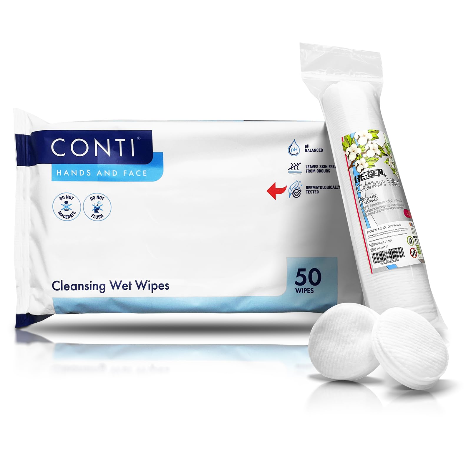 CONTI Hands & Face Wet Wipes Washcloth Patient Care Cleansing Wipes 29.5cm x 22cm (50 Wipes Per Pack | Lightly Fragranced Formula) Includes RE-GEN Cotton Wool Pads (50 Count - Pack of 3)