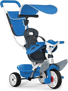 Smoby 741102 - Baby Balade blau - Mitwachsendes Kinderdreirad mit Schubstange, Sitz mit Sicherheitsgurt, Metallrahmen, Ped...