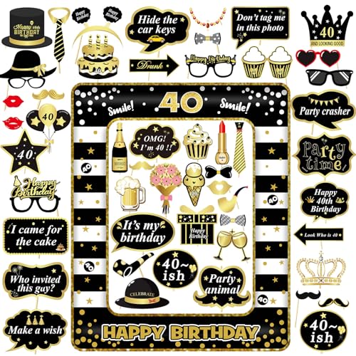 VEGCOO Photocall Feliz 40 Cumpleaños, 53 Piezas Negro y Oro Accesorios Fotocall+ Marco de Fotos Inflable 40 Cumpleaños, Photo Booth Props, Decoración Fiesta