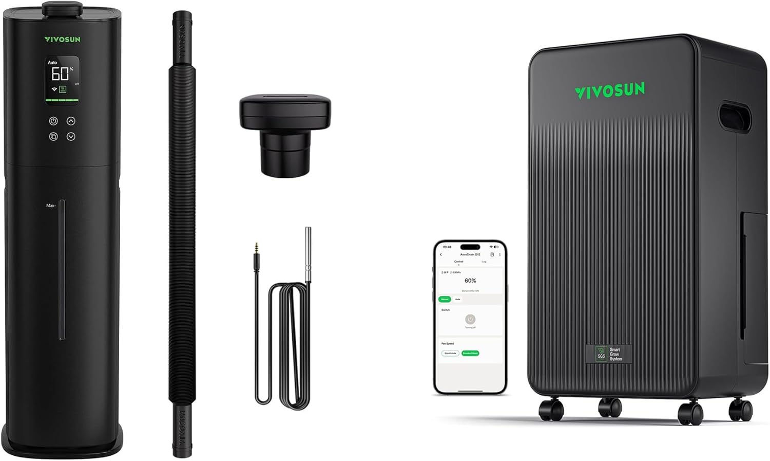 VIVOSUN AeroStream H09 Intelligent Wi-Fi Humidifier and AeroDrain D12 Smart Environmental Dehumidifier, up to 12L/day, 2L Water Tank, with Temperature & Humidity Sensor Probe