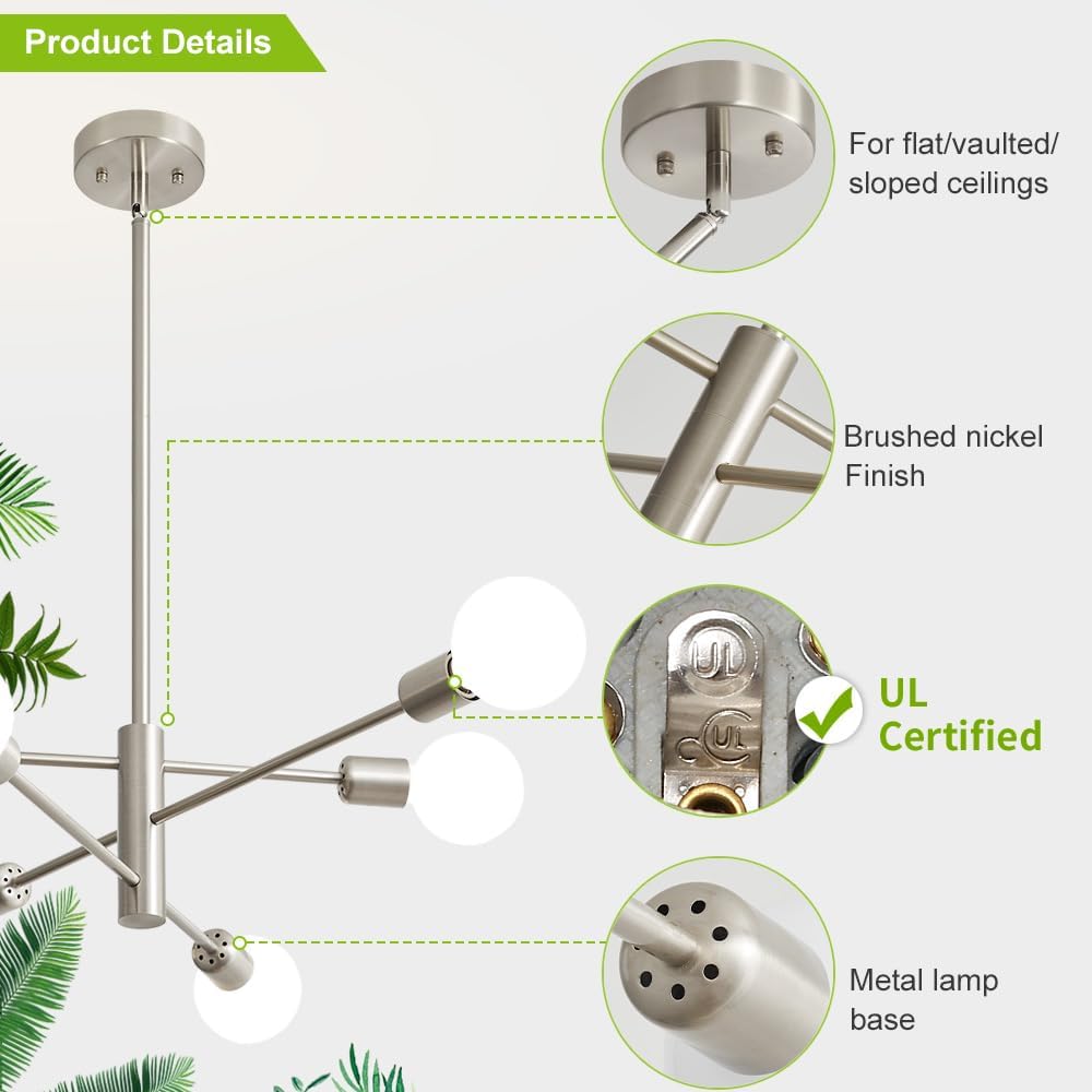 Sputnik Chandelier Modern Brushed Nickel Chandeliers 6-Light Mid Century Ceiling Lighting Fixture for Living Room, Kitchen, Bedroom, Dining Room, and Farmhouse (6-Light)