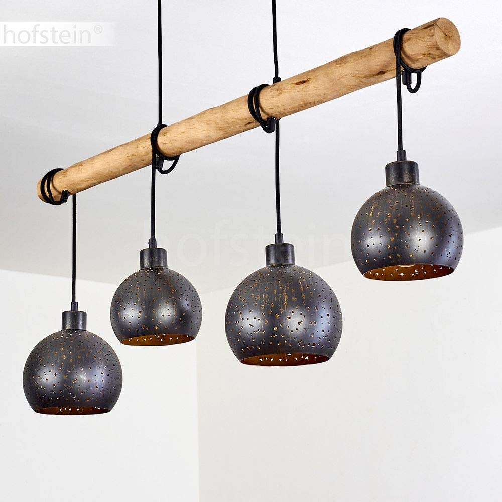 HOFSTEIN Pendelleuchte Imana 4-flammige Deckenlampe aus Metall in Schwarz/Kupferfarben, Vintage Look, Pendellampe mit Holz in Natur für Esszimmer, Küche, 4 x E27, höhenverstellbar bis max. 120 cm