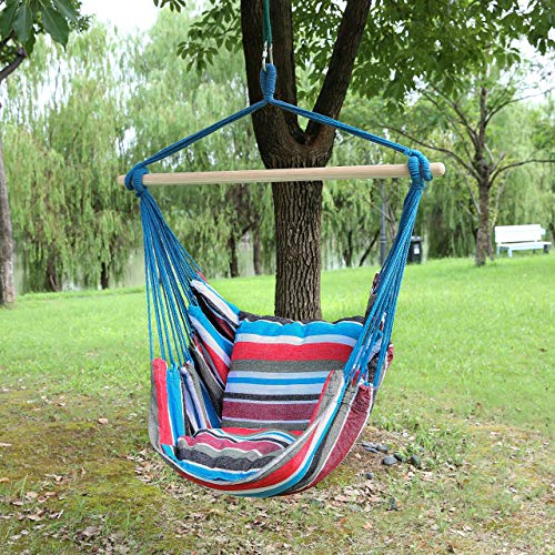 Blissun Hanging Hammock Chair, Hanging Swing Chair With Two Cushions, 34 Inch Wide Seat Blue & Green Stripes (Cool Breeze) #TOP6