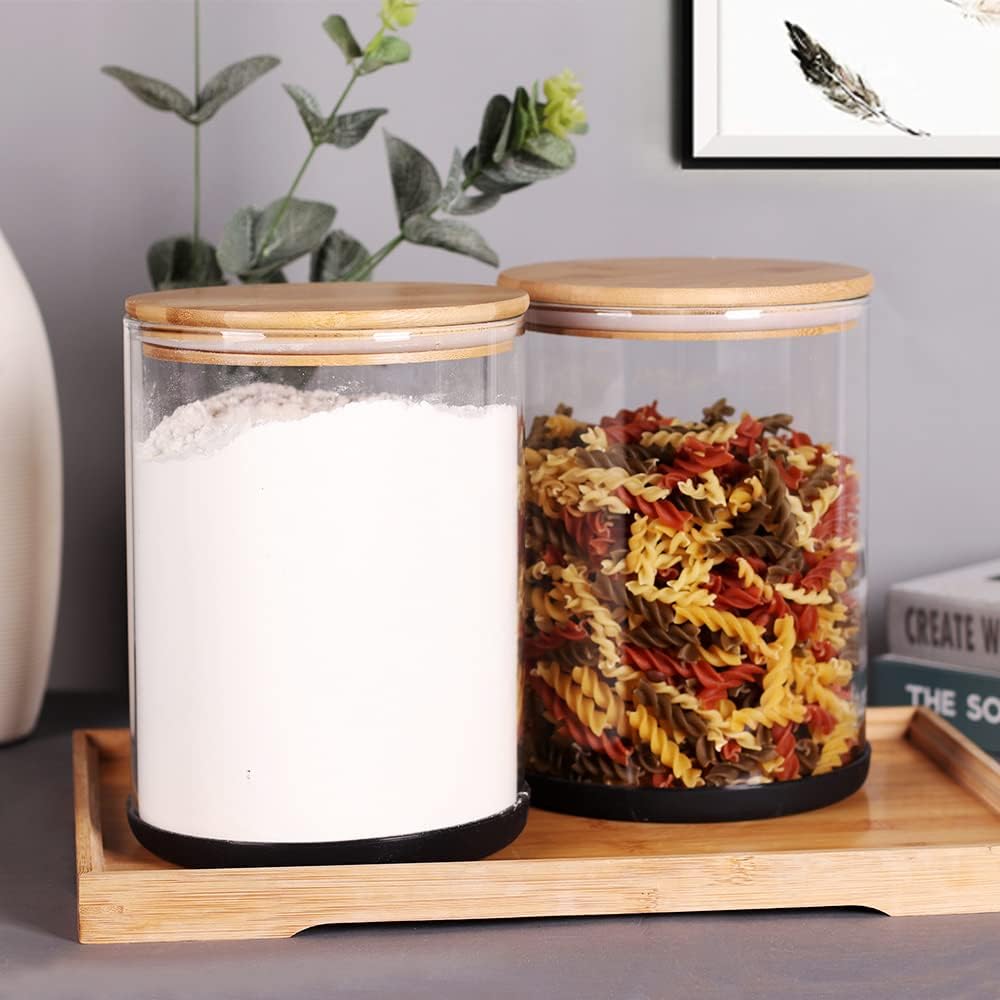 2PCS Large Glass Kitchen Canisters with Spoon and Airtight Bamboo Lids, 100 OZ Glass Storage Container for Flour, Flour and Sugar Jars for Coffee, Rice Storage
