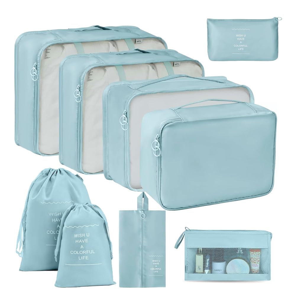 9 Set Packing Cubes for Suitcases, Travel Luggage Organizers, with Clothes Storage Bags, Toiletry Bag, Shoe Bag, Underwear Bag, Laundry Bag, Sock Bag, Accessories Bag (Lake Blue)